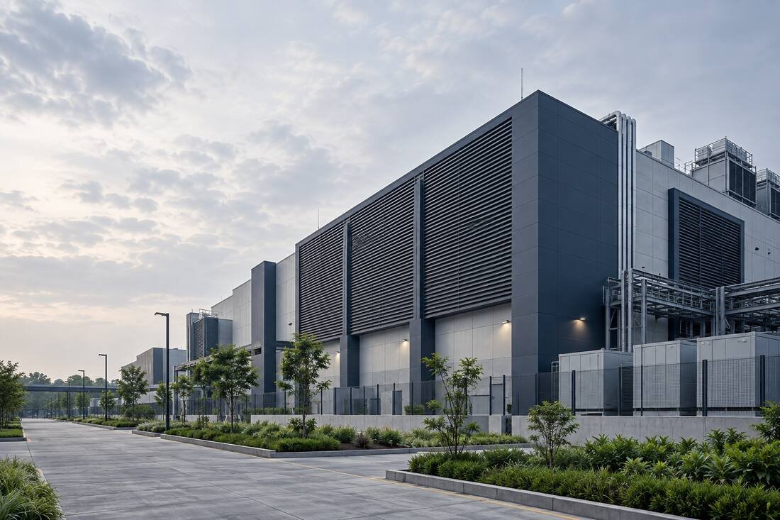 Modern infrastructure building with louvred facade