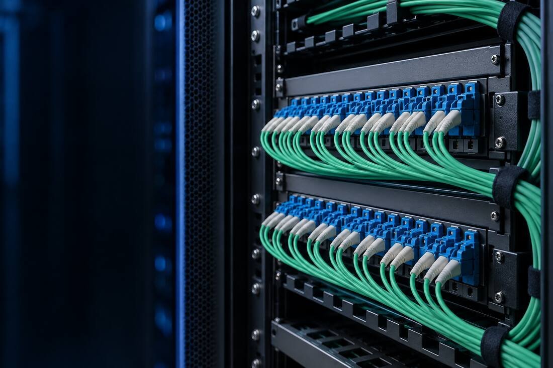 Patch panel with rows of fibre connections