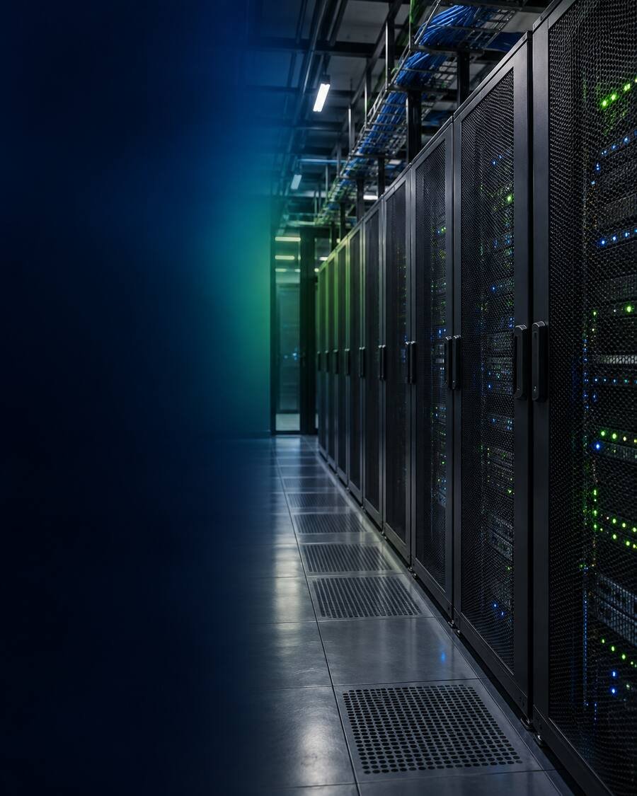 Aisle of server racks in a data hall